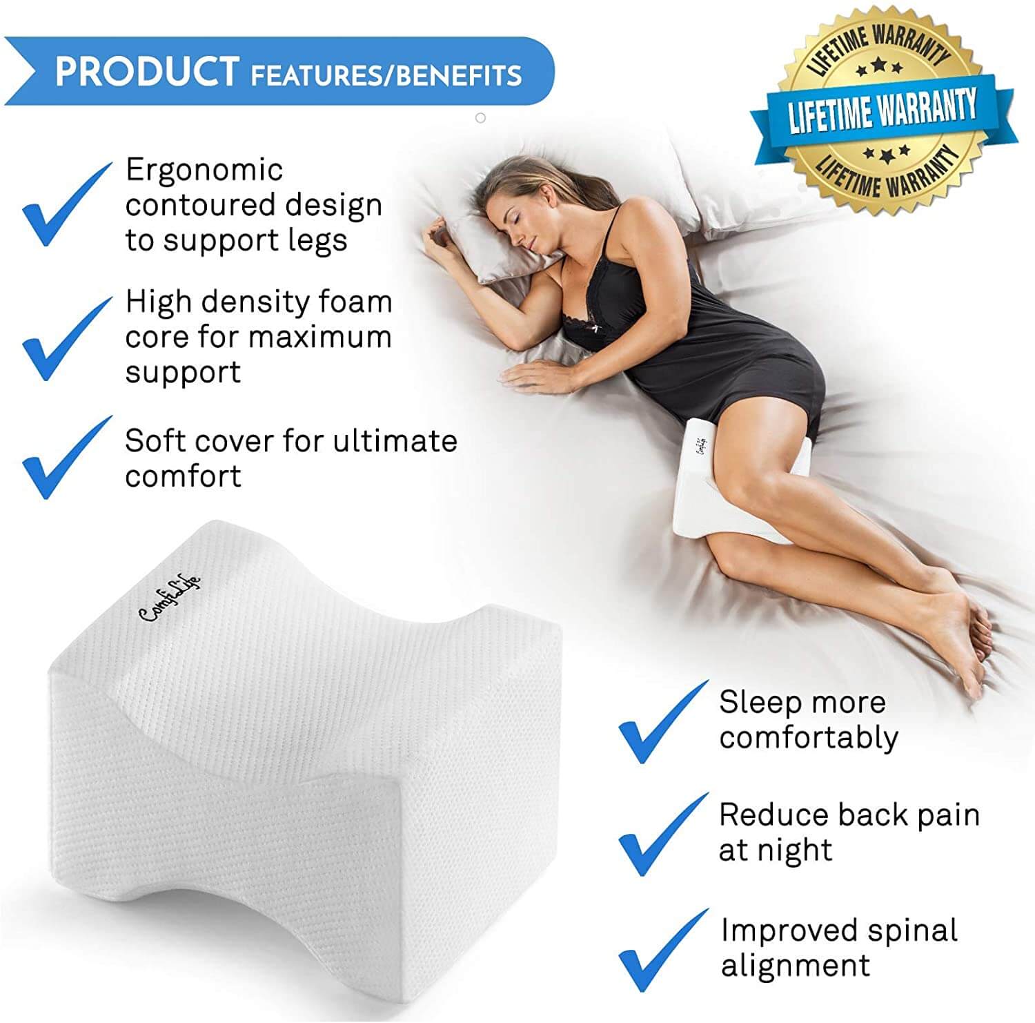 Fafalloagrron Knee Pillow for Pregnancy Hip and Joint Pain Memory Foam Cushion with Elastic Strap and Washable Cover Sciatica Pain Relief Back Pain Leg Pain 